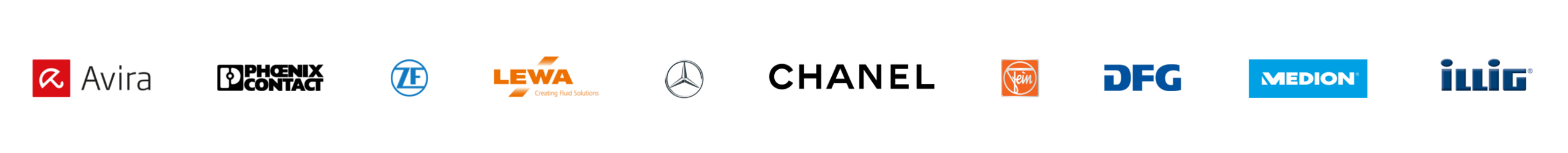 oneword Kunden Referenzen; Leiste mit Logos von Avira, Phoenix Contact, ZF, Lewa, Mercedes-Benz, Chanel, FEIN, DFG, Medion, ILLIG