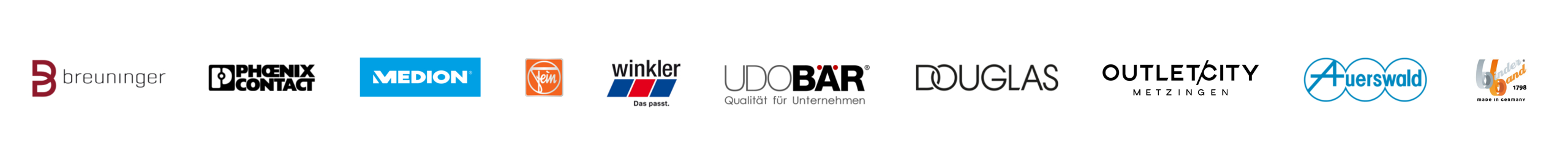 Referenzen-E-Commerce-Handel-Übersetzungen; Leiste mit Logos von Breuninger, Phoenix Contact, Medion, FEIN, Winkler, Udo Bär, Douglas, Outletcity Metzingen. Auerswald, Gottlieb Binder