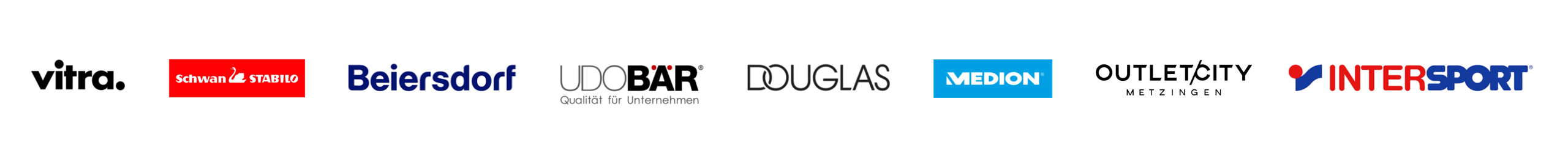 Referenzen Konsumgüter Lifestyle Übersetzungen; Leiste mit Logos von Vitra, Schwan Stabilo, Beiersdorf, Udo Bär, Douglas, Medion, Outletcity Metzingen, Intersport