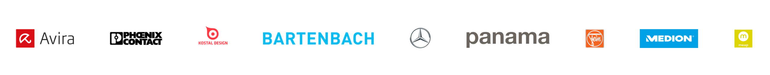 Referenzen Übersetzungsbüro Marketing; Leiste mit Logos von Avira, Phoenix Contact, Kostal Design, Bartenbach, Mercedes-Benz, Panama, FEIN, Medion, Meap,