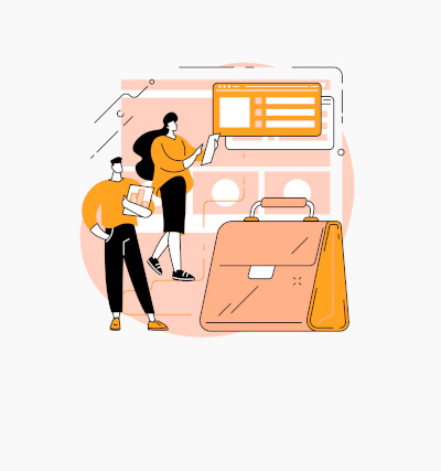 Karriere bei oneword Jobs in Festanstellung; Illustration von zwei Menschen und Aktentasche