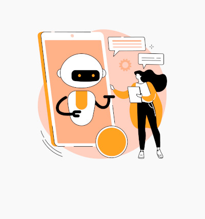 Freelance Post-Editor bei oneword; Illustration einer Frau mit einem Roboter und einer Übersetzung