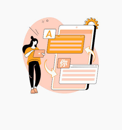 Freelance Übersetzer bei oneword; Illustration einer Frau mit einem Handy und einer Übersetzung