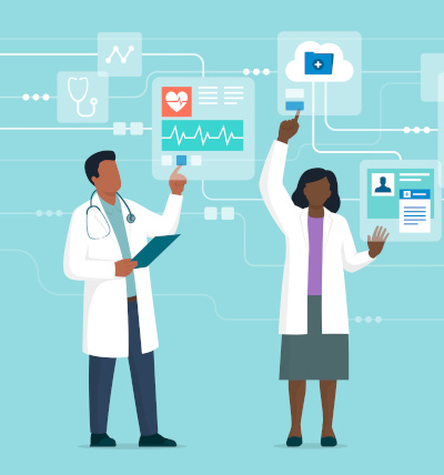Terminologiearbeit in Medizin und Medizintechnik; Medizinisches Personal mit verschiedenen vernetzten Displays