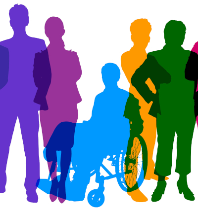Diskriminierungsfreie Sprache; Bunte Silhouetten verschiedener Personen: Frauen, Männer, Person im Rollstuhl