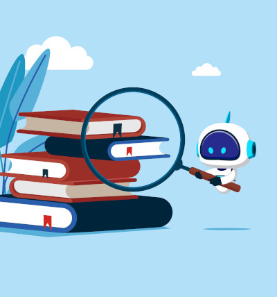 Terminologie für maschinelle Übersetzung ; Illustration eines schwebenden Roboters, der eine Lupe über einen Bücherstapel hält