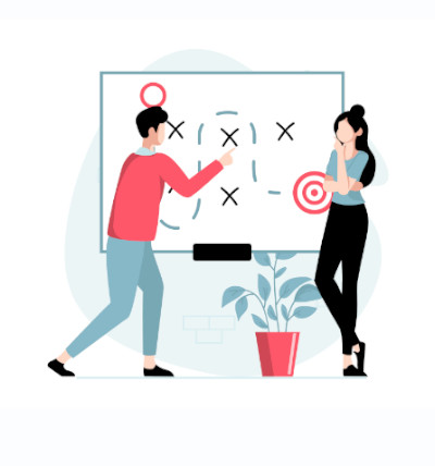 Aktualisierte Norm ISO 11669; Illustration: eine Frau und ein Mann stehen vor einem Whiteboard, auf dem ein Weg mit Meilensteinen bis zum Ziel aufgezeichnet ist