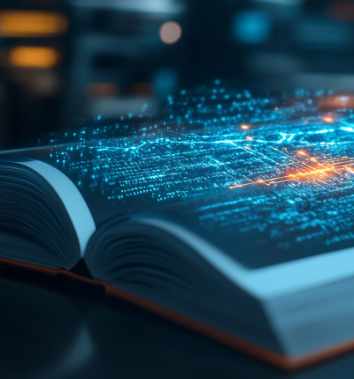 Glossar KI-Übersetzung; aufgeschlagenes Buch mit Daten, die herausschweben