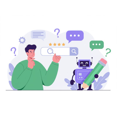 Automatisierte MT-Evaluation; Illustration eines Mannes und eines Roboters, die sich eine Bewertung überlegen