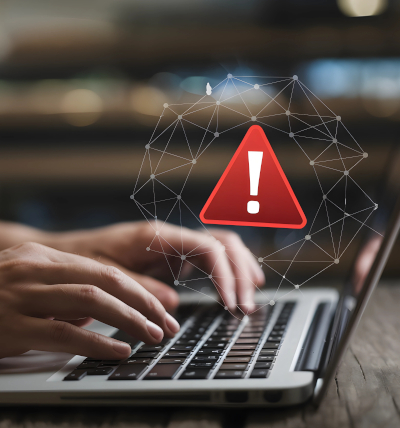 Fehlerhafte KI-Übersetzungen; Hände an einem Laptop und darüber schwebt ein rotes Achtungzeichen in einem stilistierten neuronalen Netz