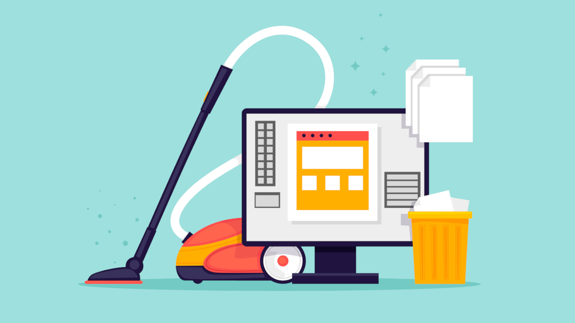 Datenbereinigung, Frühjahrsputz für Sprachdaten; Illustration einer Computers mit Staubsauger und Papierkrob mit Dateiordnern