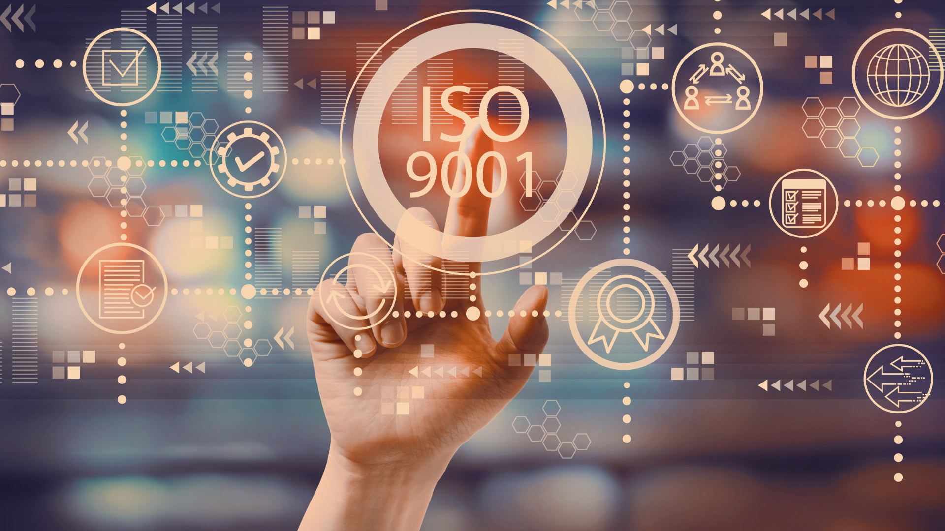 DIN ISO 9001 certification; illustration featuring various icons and a hand