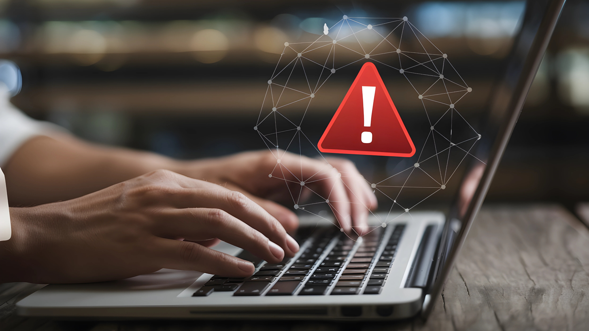 Faulty AI translations; hands on a laptop, with a red warning sign floating above it in a stylized neural network