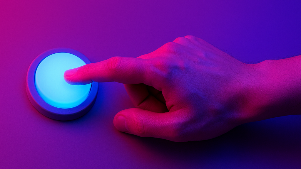 Glossary creation at the touch of a button; a hand pressing a button against a magenta and purple background