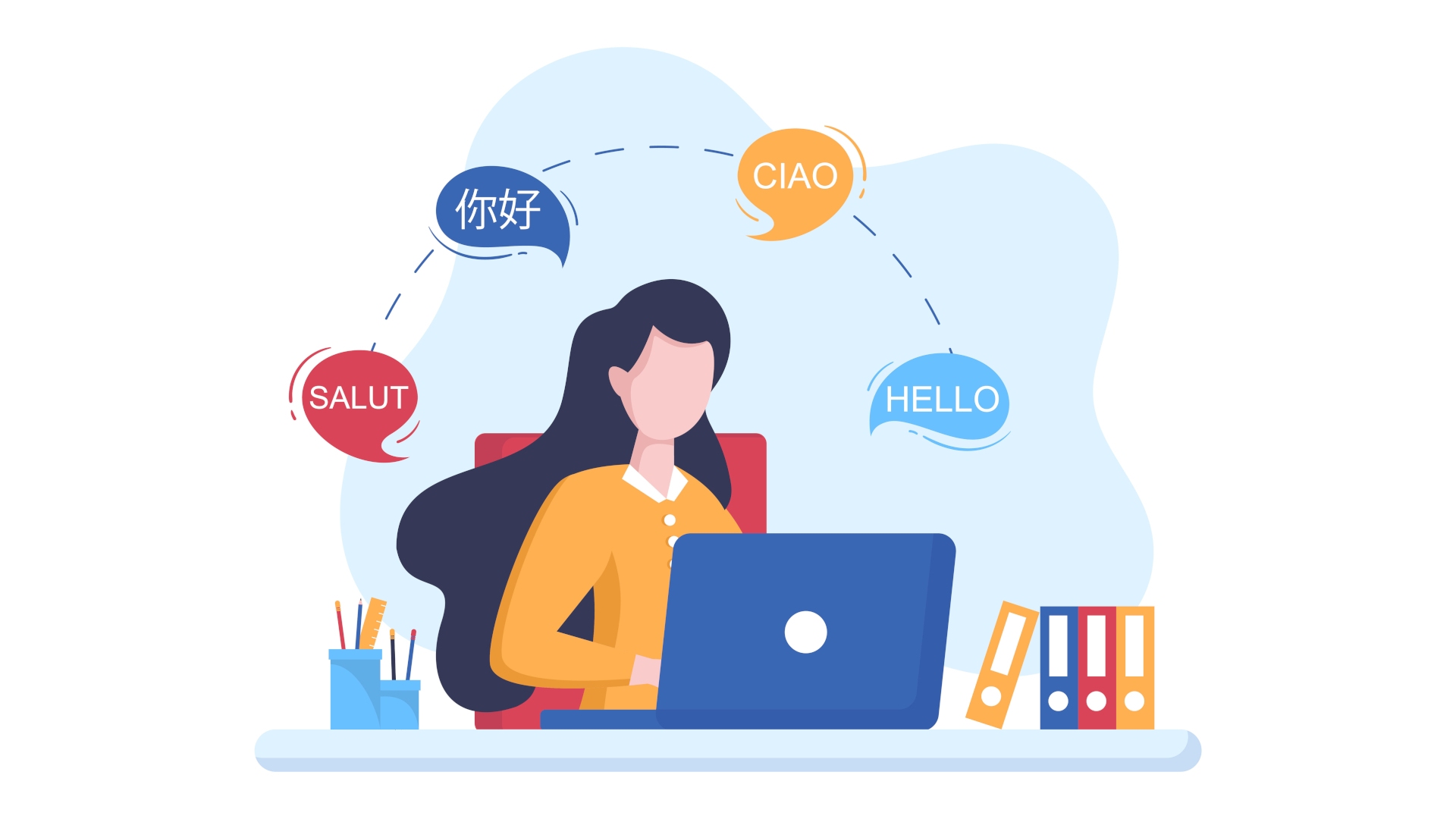 AI Translation translator expertise; illustration of a female translator at a laptop with speech bubbles in various languages surrounding her