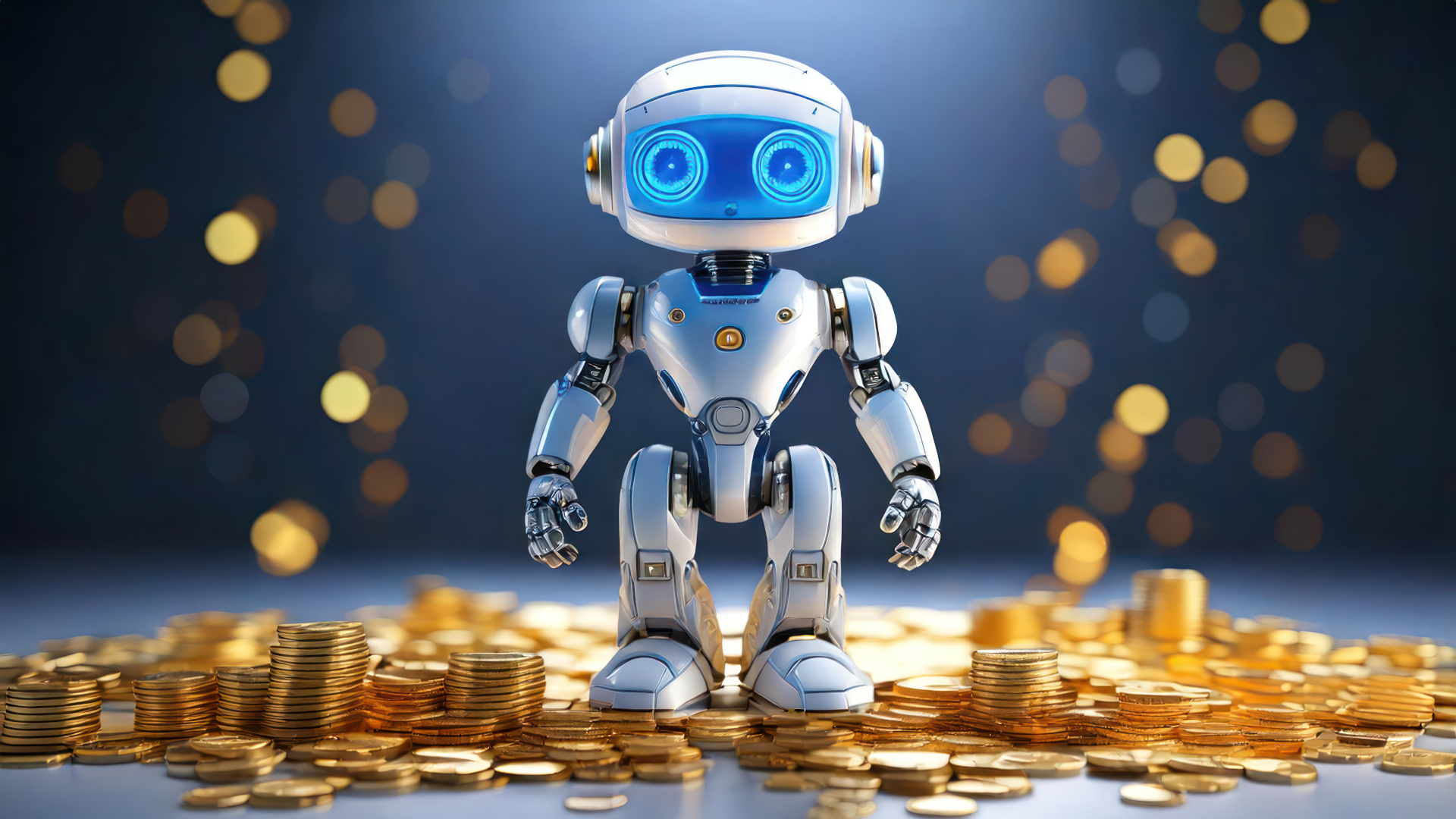 Mit maschineller Übersetzung Kosten sparen; Roboter, der in einem Regen von Goldmünzen steht