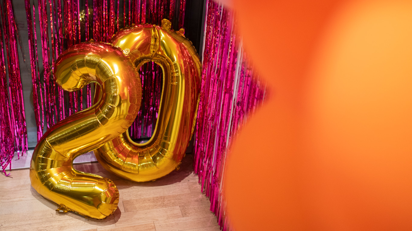 20 years of oneword; balloons shaped like the number 20