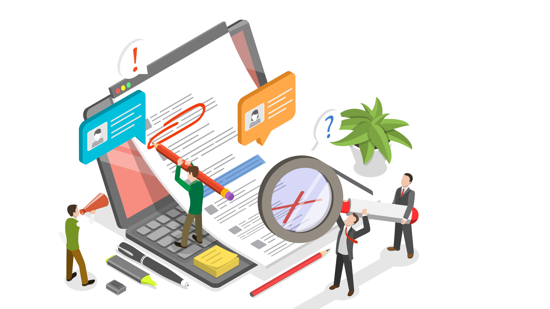 Review-Prozesse mit mehreren Beteiligten; Illustration von mehreren Miniatur-Personen, die um einen Laptop herum stehen, und ein Dokument korrigieren