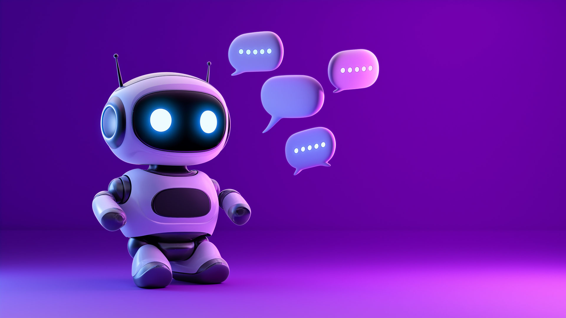 Sprachdatenbereinigung für KI und Chatbots; Bild eines kleinen Roboters mit Sprachblasen vor einem lila Hintergrund
