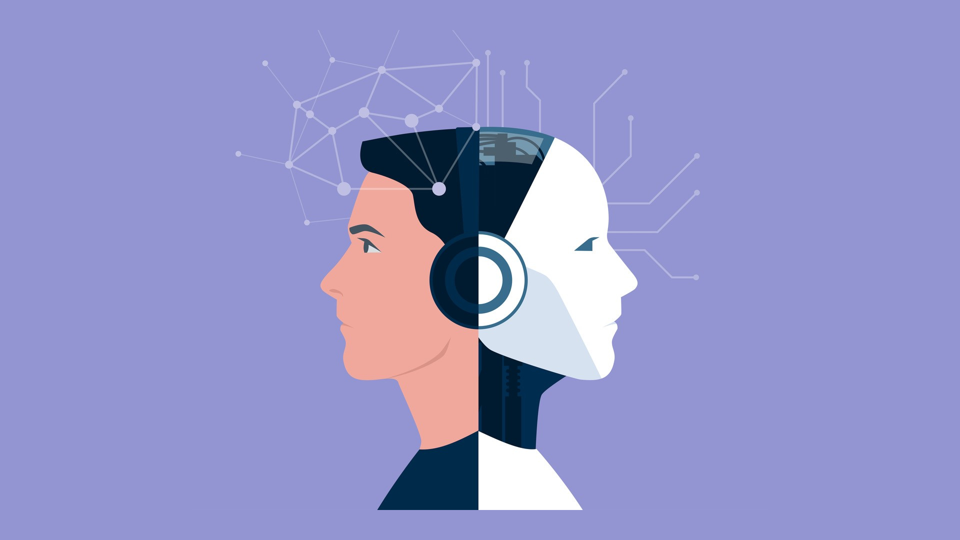 AI term extraction; Illustration of a human head and a robot head merging at the back of the head