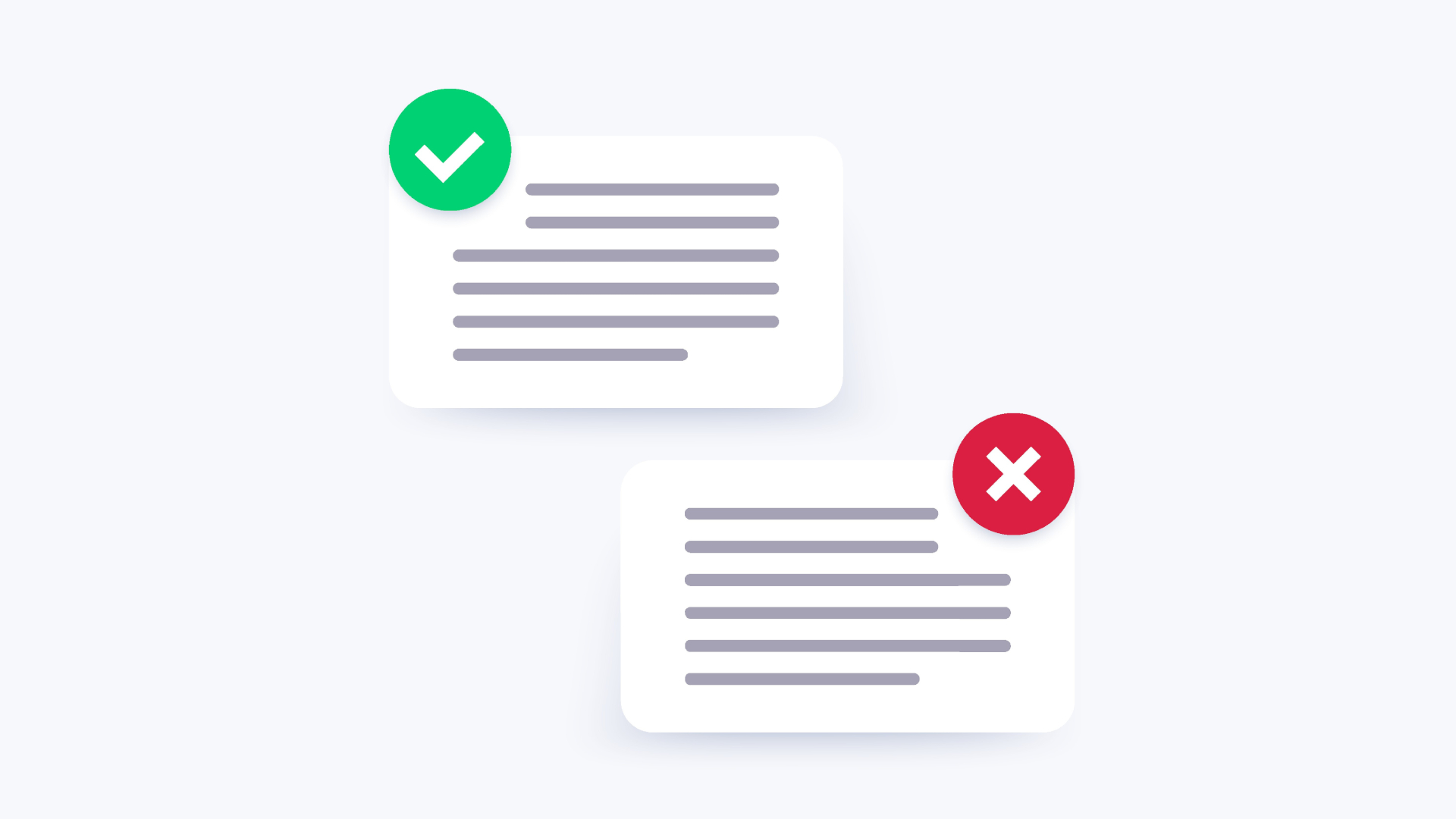 Translation-oriented writing for CAT tools; two stylized text boxes, one with a green check mark and one with a red X